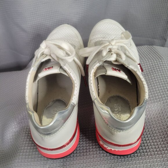 Michael Kors Womens Size 7M Sneakers Allie Perforated Leather Lace-up Gray Red - Picture 4 of 12